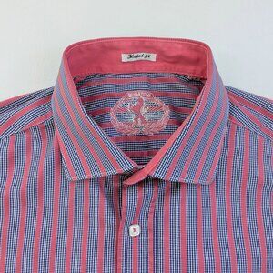 Bugatchi Uomo Men's Striped Shaped Fit Button Down Dress Shirt Size XL Navy Pink